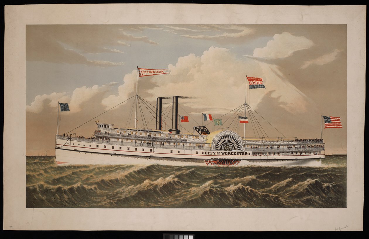 Amerikaanse raderstoomboot City of Worcester Norwich Line voor Boston via New London en Norwich door Charles Parsons