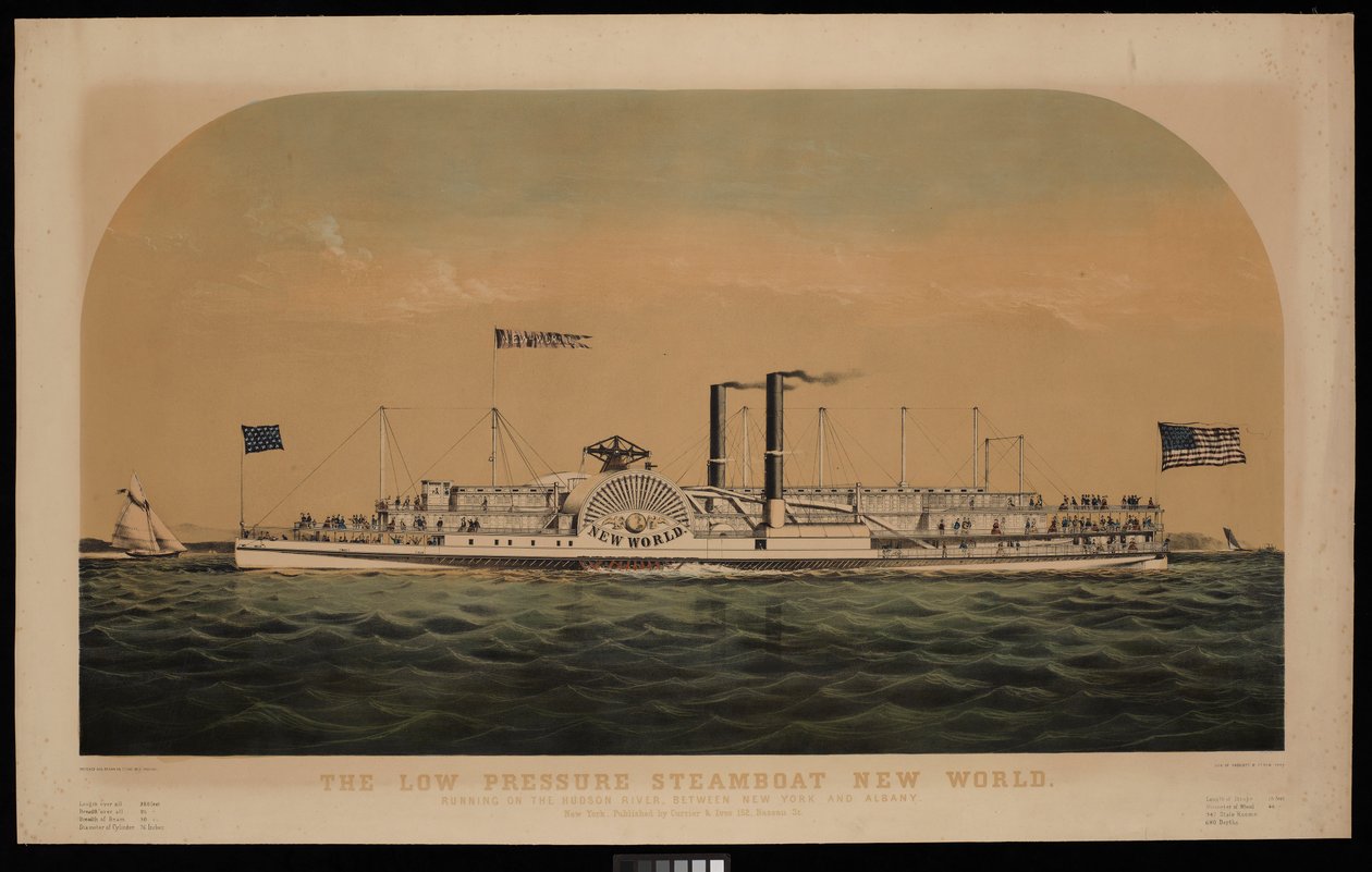 De laagdrukstoomboot New World. Varend op de Hudson River, tussen New York en Albany door Charles Parsons