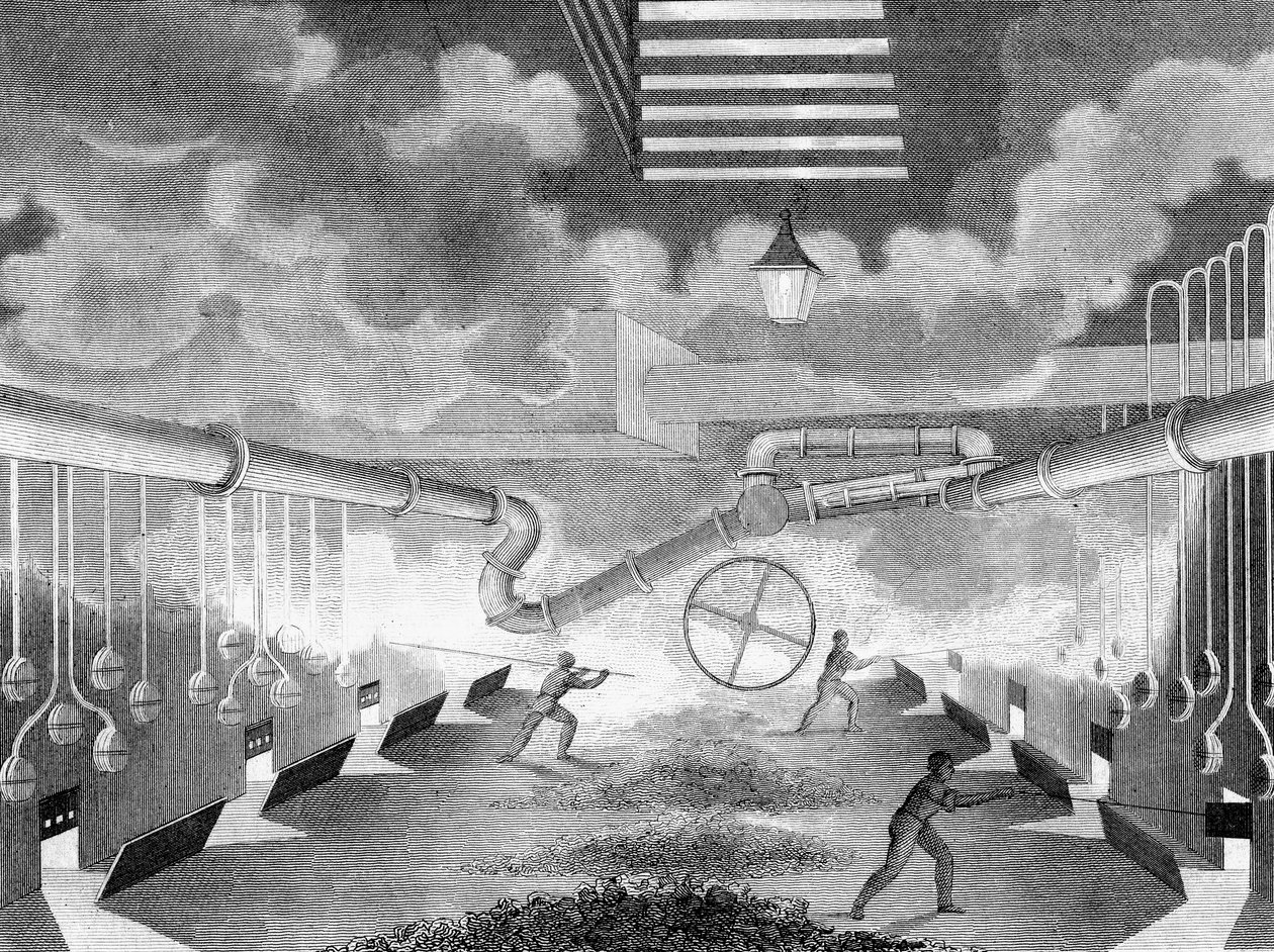 Algemeen overzicht van een gasfabriek, met retorten die worden geladen door Charles Partington