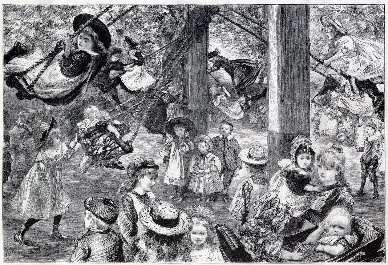 Een openluchtgymnasium voor kinderen in Battersea Park, Londen - 1898 - getekend naar het leven door Paul Renouard door Charles Paul Renouard