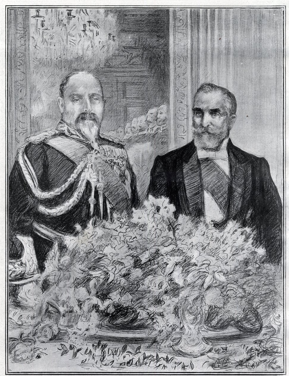 Cordial: het bezoek van de Franse president Emile Loubet aan Londen - het banket in de Franse ambassade - Koning Edward VII en Loubet - getekend door Paul Renouard voor de krant The Graphic. Juli 1903. door Charles Paul Renouard