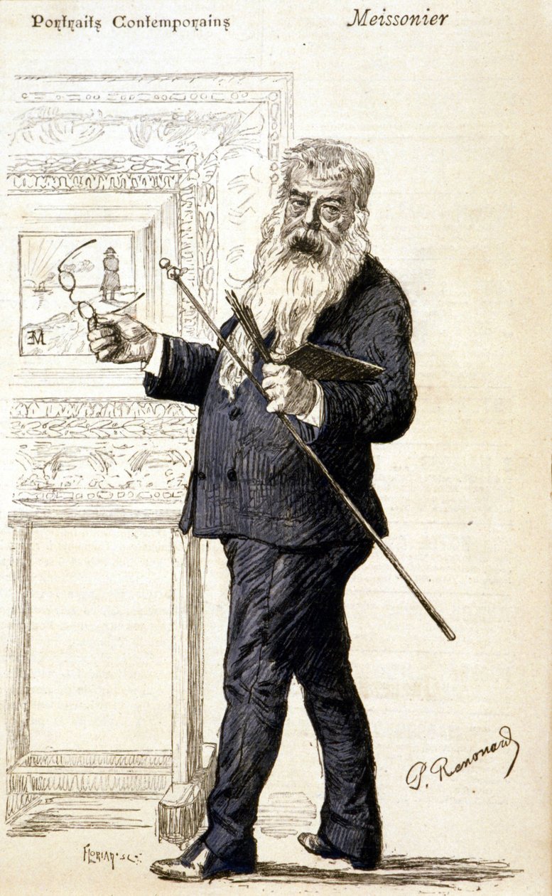 Portret van Meissonier. Gravure uit het einde van de 19e eeuw door Charles Paul Renouard