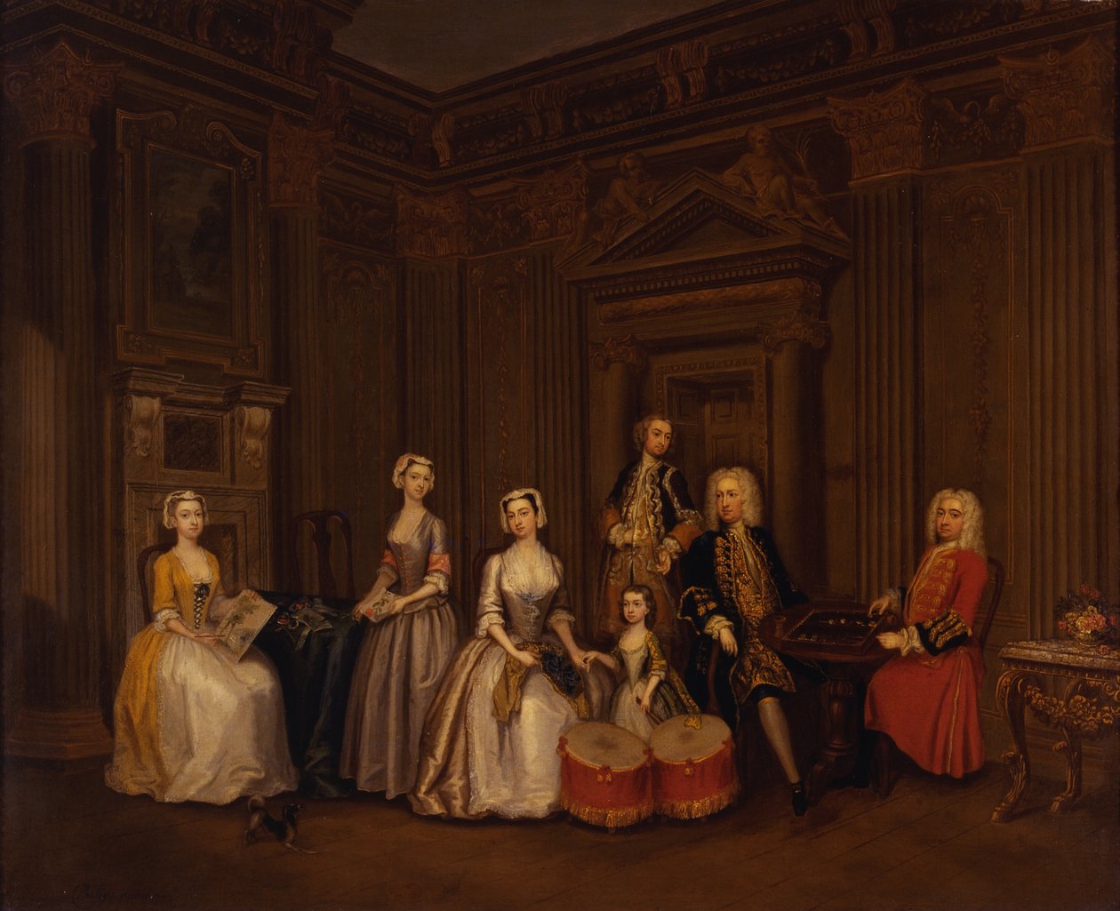 Portret van Algernon Seymour, Lord Hertford (later 7e hertog van Somerset) met kolonel Tomkins Wardour, kolonel Browne, Lord Beauchamp, Frances, Lady Hertford, Lady Elizabeth Seymour en Miss Herbert door Charles Philips