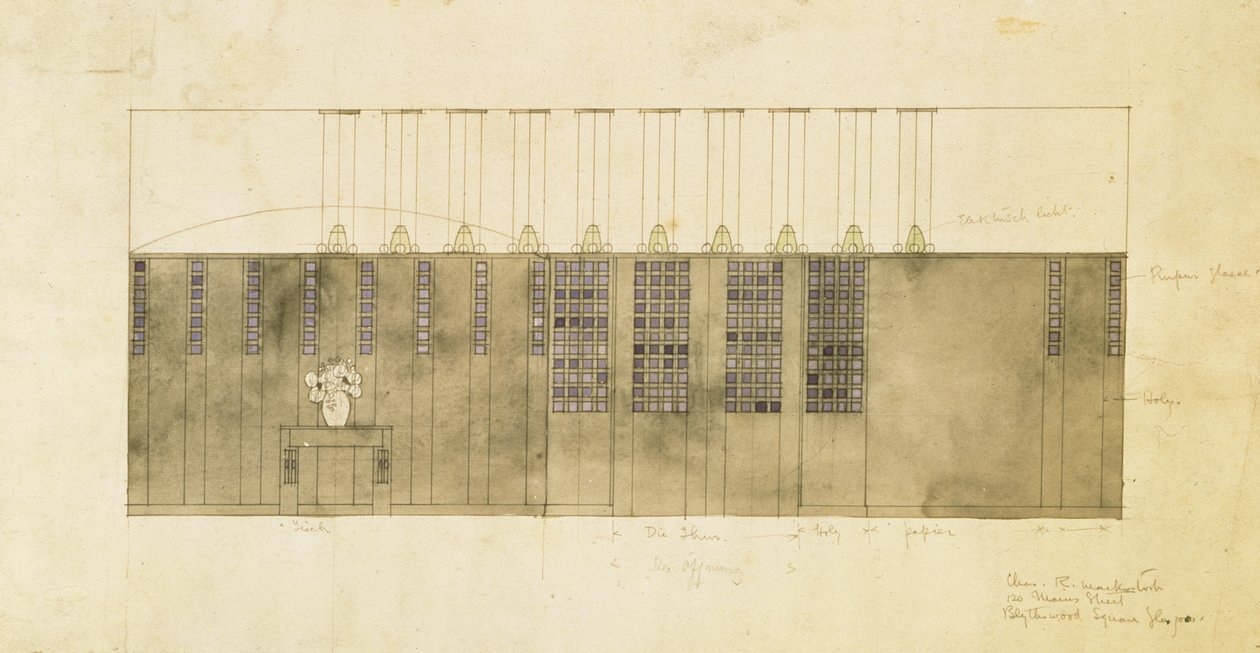 Ontwerp voor een muur, tafel en deuren, 1905 door Charles Rennie Mackintosh