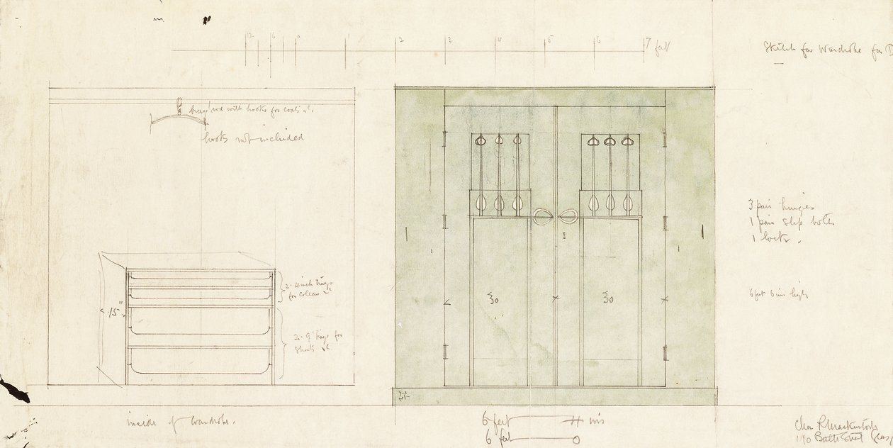 Ontwerp voor een kledingkast, getoond in elevatie van de voorkant en interieur door Charles Rennie Mackintosh