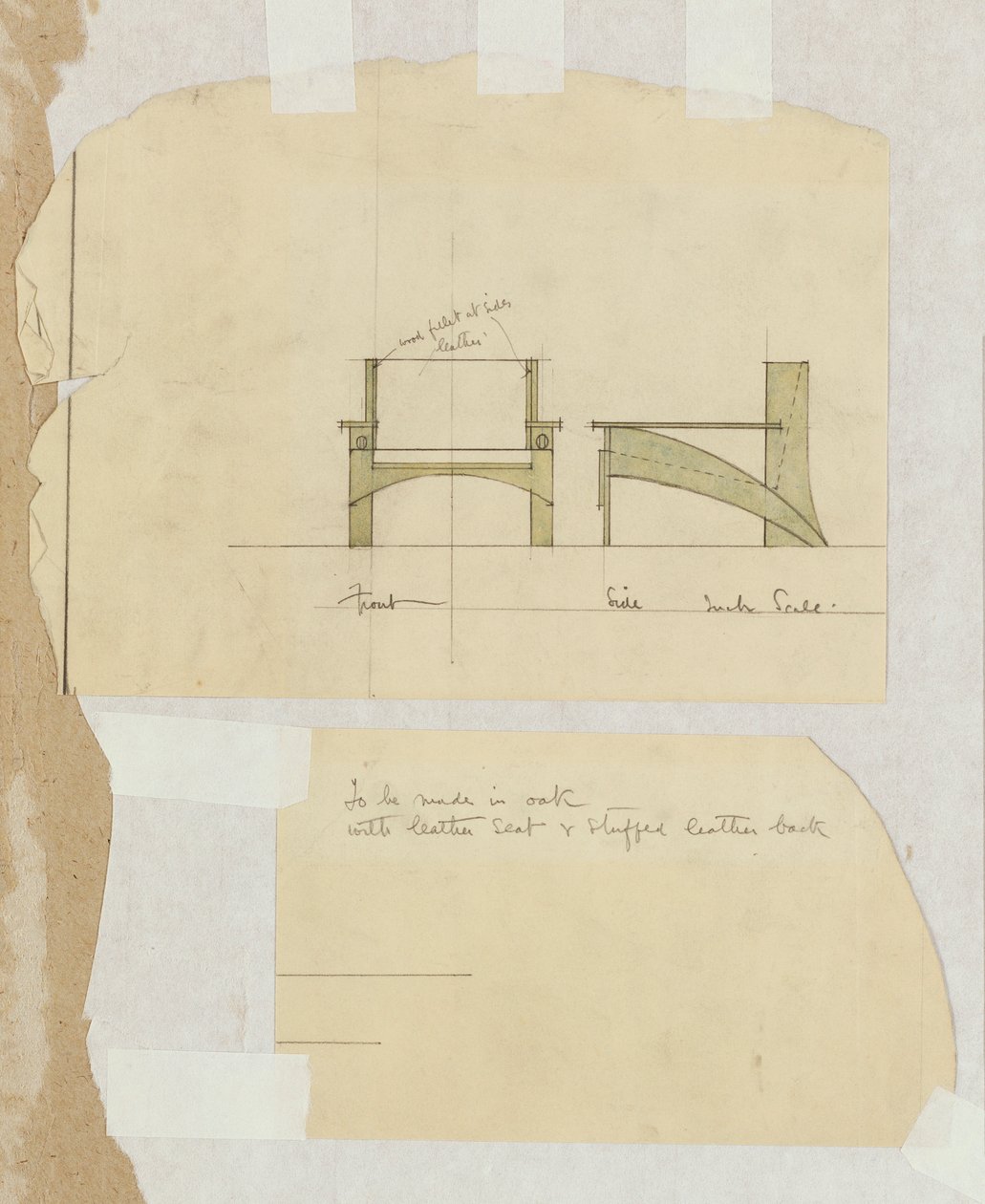 Ontwerp voor een eiken armstoel, getoond in voor- en zijaanzichten, 1905 door Charles Rennie Mackintosh
