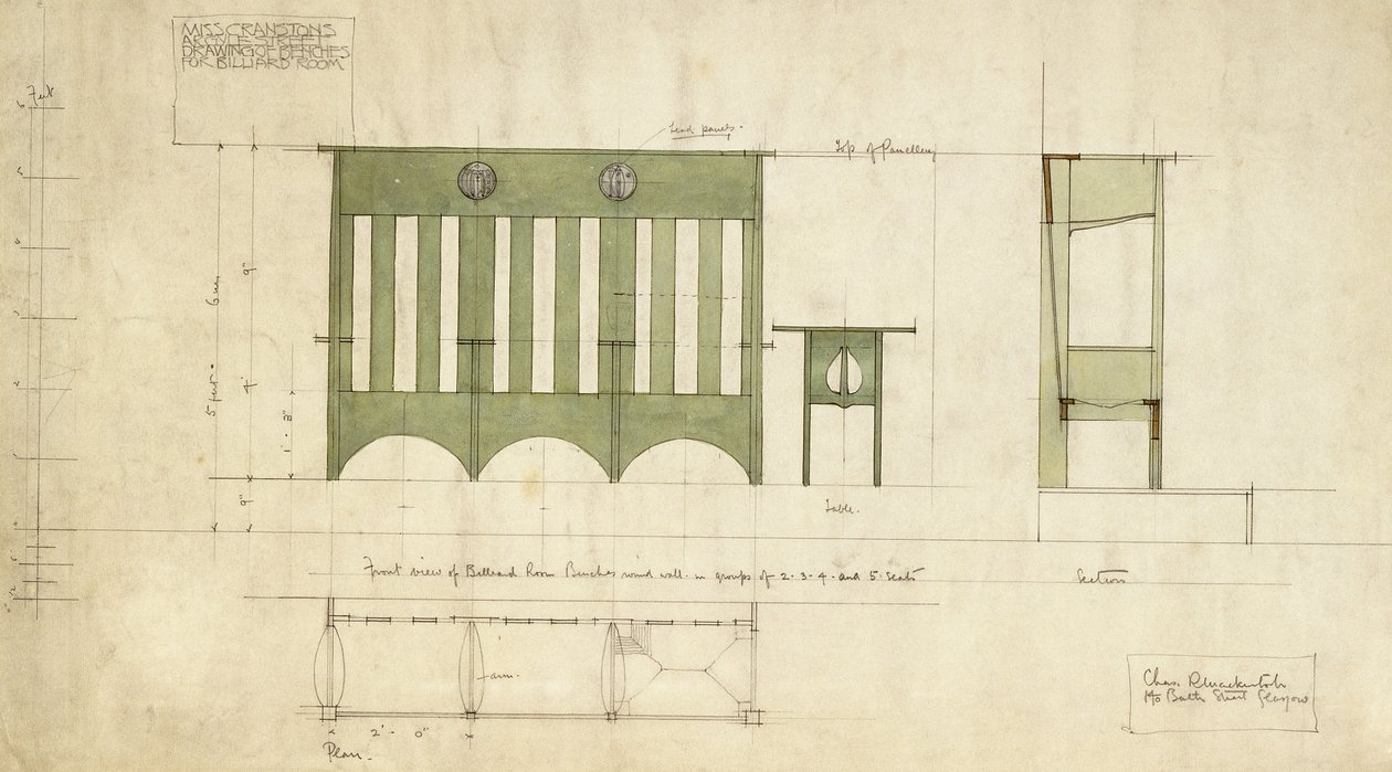 Ontwerp voor banken en een tafel, getoond in elevatie en doorsnede door Charles Rennie Mackintosh