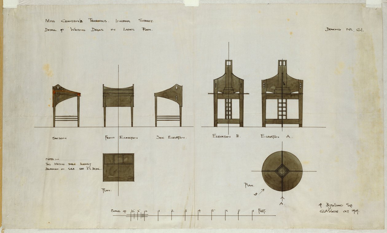 Ontwerpen voor schrijftafels getoond in voor- en zijaanzichten, voor de Ingram Street Tea Rooms, 1909 door Charles Rennie Mackintosh