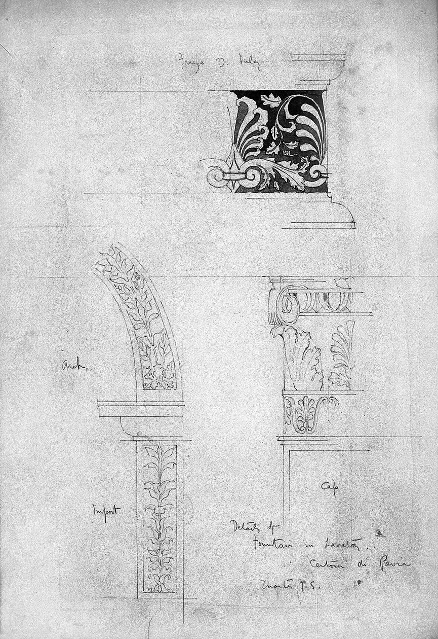 Details van fontein in toilet, Certosa di Pavia, 1891 door Charles Rennie Mackintosh
