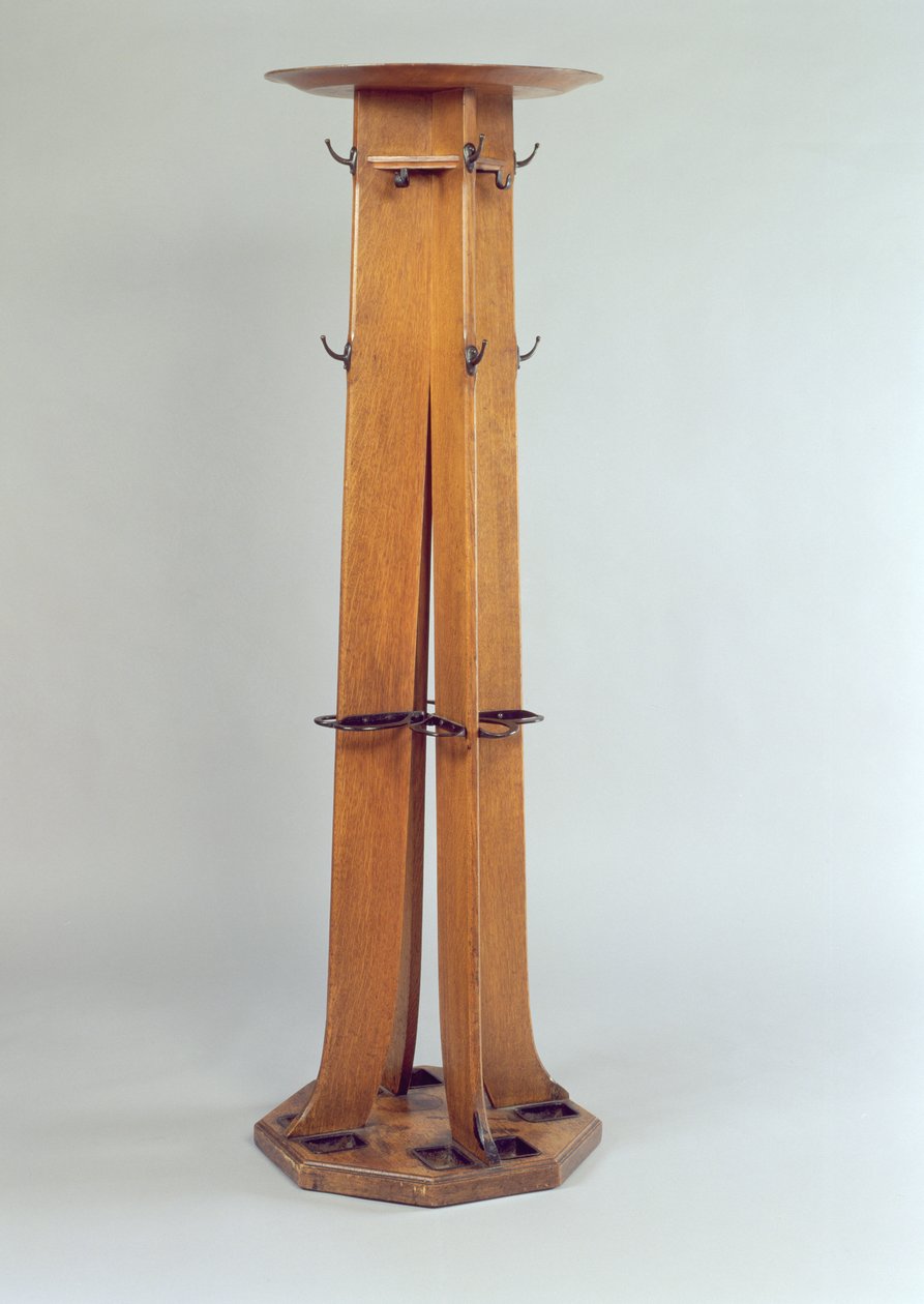 Hoed, jas en paraplustandaard voor de Argyle Street Tearooms, 1897 door Charles Rennie Mackintosh