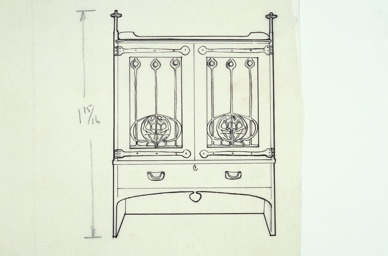 Lijntekening van meubel (een kaptafel), ca. 1910 door Charles Rennie Mackintosh
