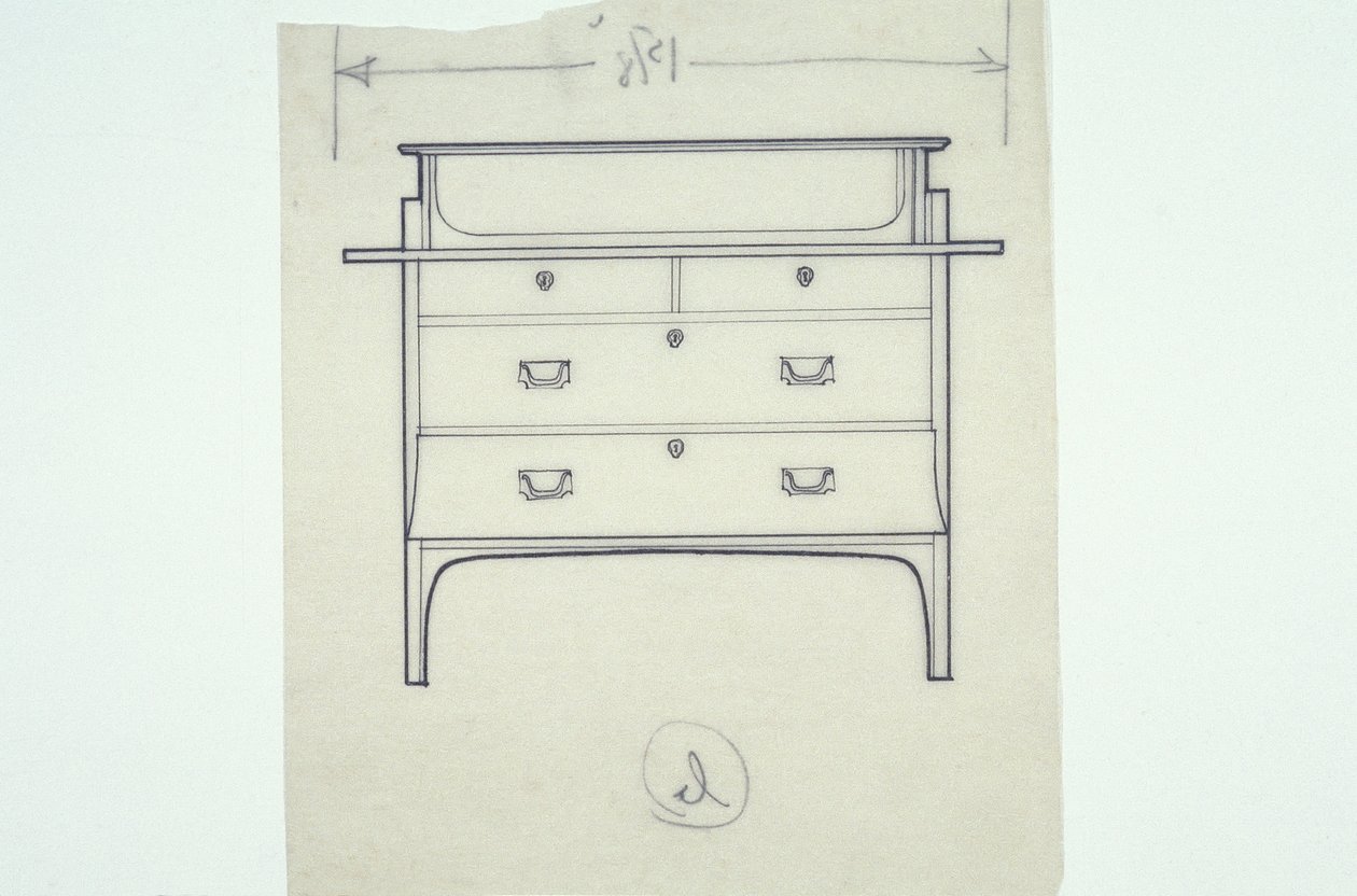 Lijntekening van meubel (een bank met geschilderde panelen), ca. 1910 door Charles Rennie Mackintosh