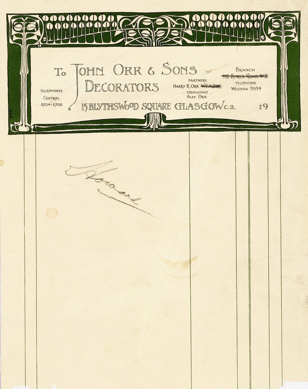 Briefpapierontwerp voor John Orr & Sons, Glasgow, ca. 1894-1898 door Charles Rennie Mackintosh