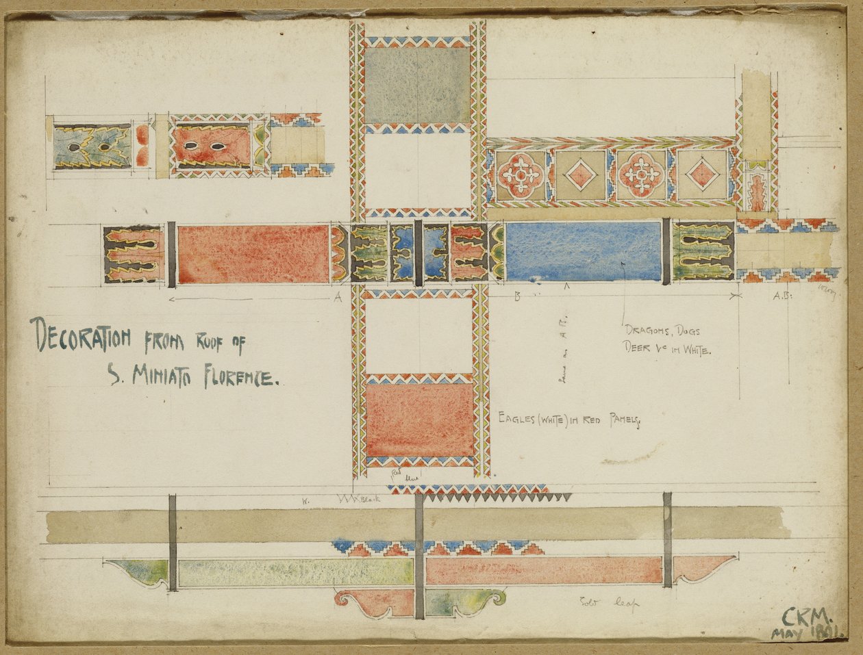 Studies van decoratieve plafondpanelen, San Miniato, Florence, 1891 door Charles Rennie Mackintosh
