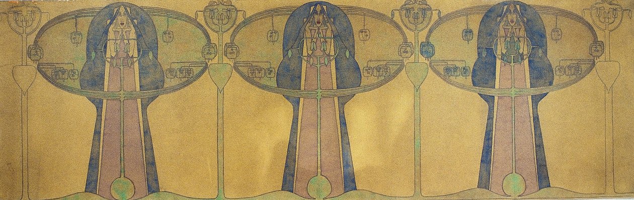 Decoratieve fries van gestileerde menselijke figuren, boom- en plantvormen, ca. 1895 door Charles Rennie Mackintosh