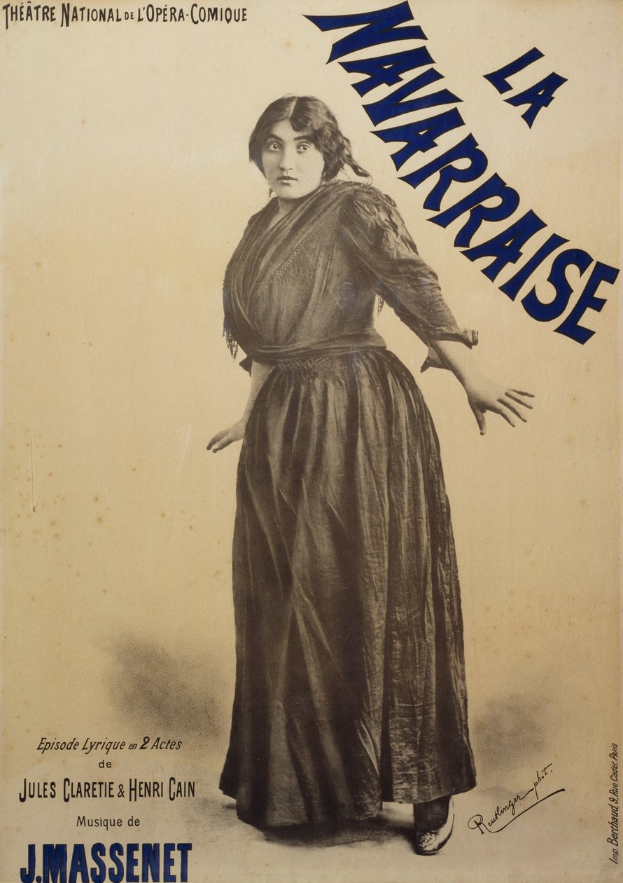 Poster voor Navarraise, opera, libretto door Jules Claretie en Henri Cain, muziek door Jean Massenet, uitgevoerd door Emma Calve, Poster voor Opera-Comique in Parijs door Charles Reutlinger