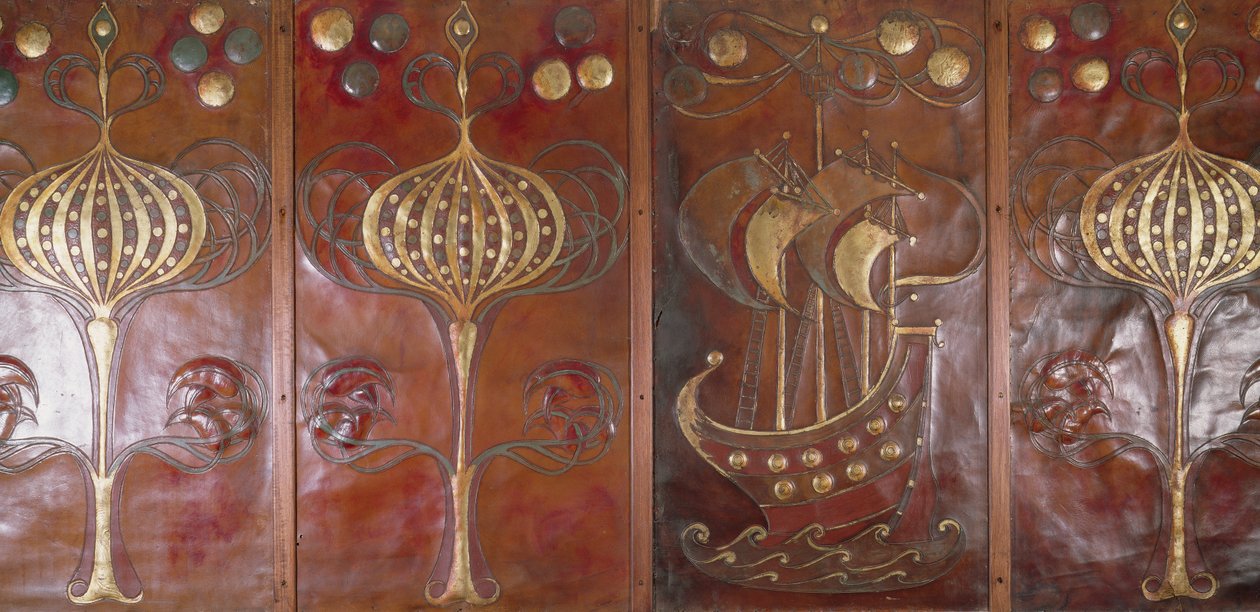Embossed, painted and gilded leather panels, made by the Guild of Handicraft, 1892 door Charles Robert Ashbee