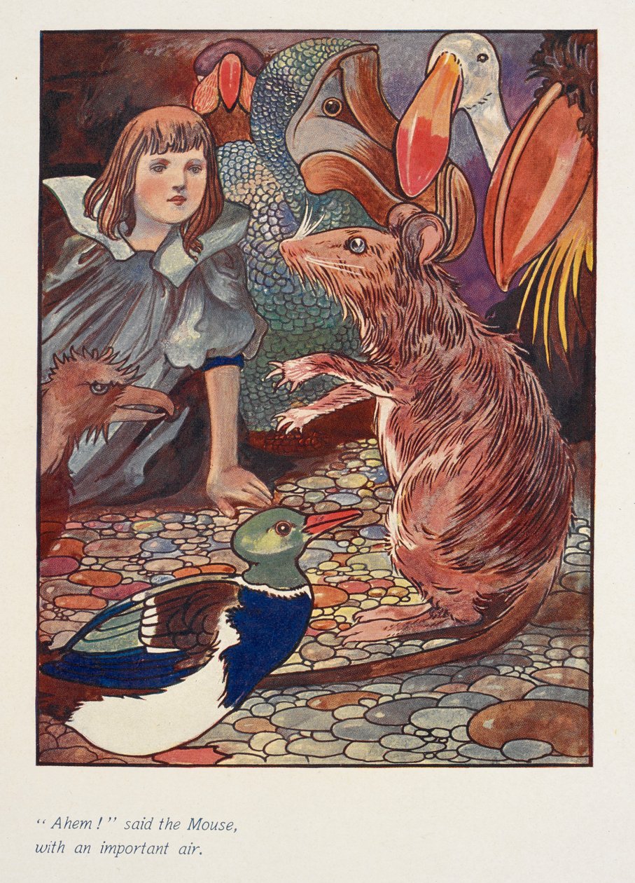 "Ahem!" zei de muis, met een belangrijk air. Alice met een muis en andere dieren. door Charles Robinson