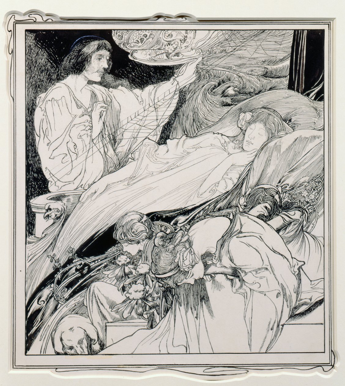 Daar lag ze, zo mooi uitziend, illustratie uit Briar Rose, The True Annals of Fairyland - The Reign of King Herla, uitgegeven door J.M. Dent & Co. Ltd., 1900 door Charles Robinson