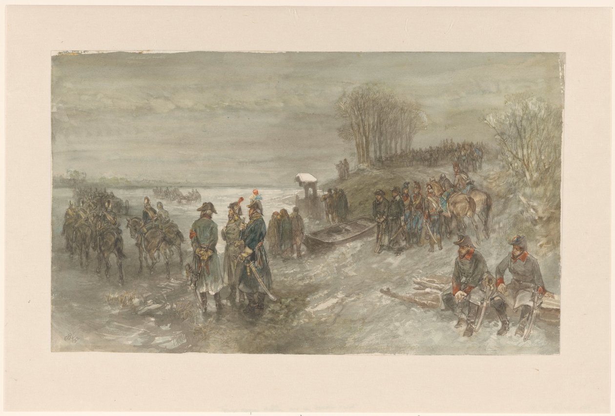 Franse troepen trekken over een bevroren rivier door Charles Rochussen
