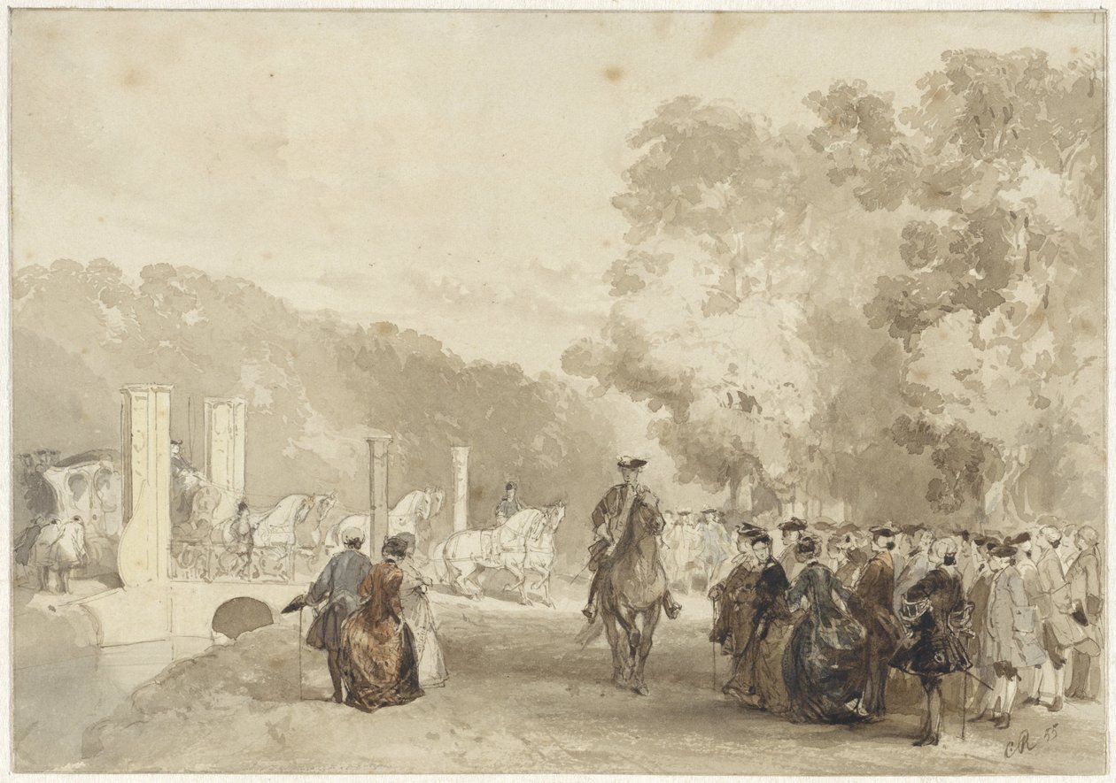 Koets van de Prins, die van de oprijlaan van Huis ten Bosch rijdt door Charles Rochussen