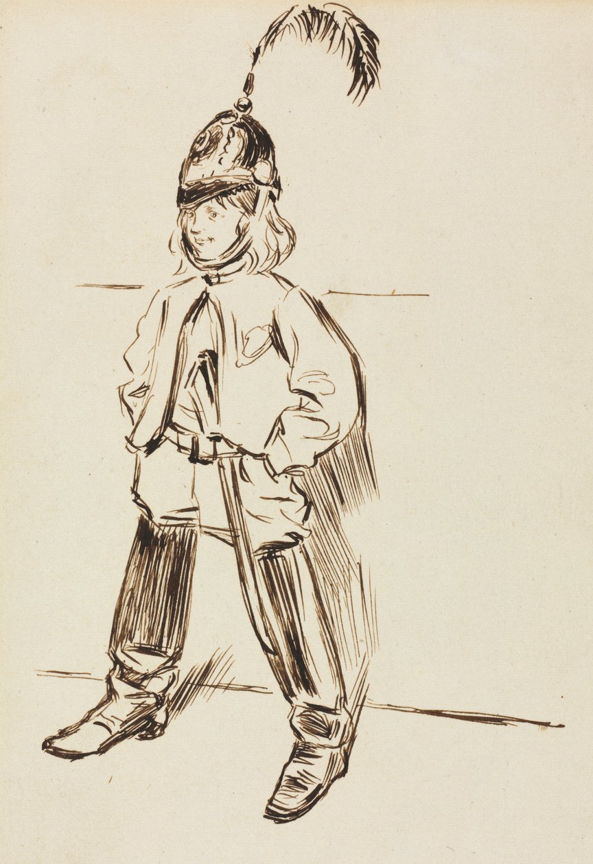 Studie van een kind in helm en laarzen door Charles Samuel Keene