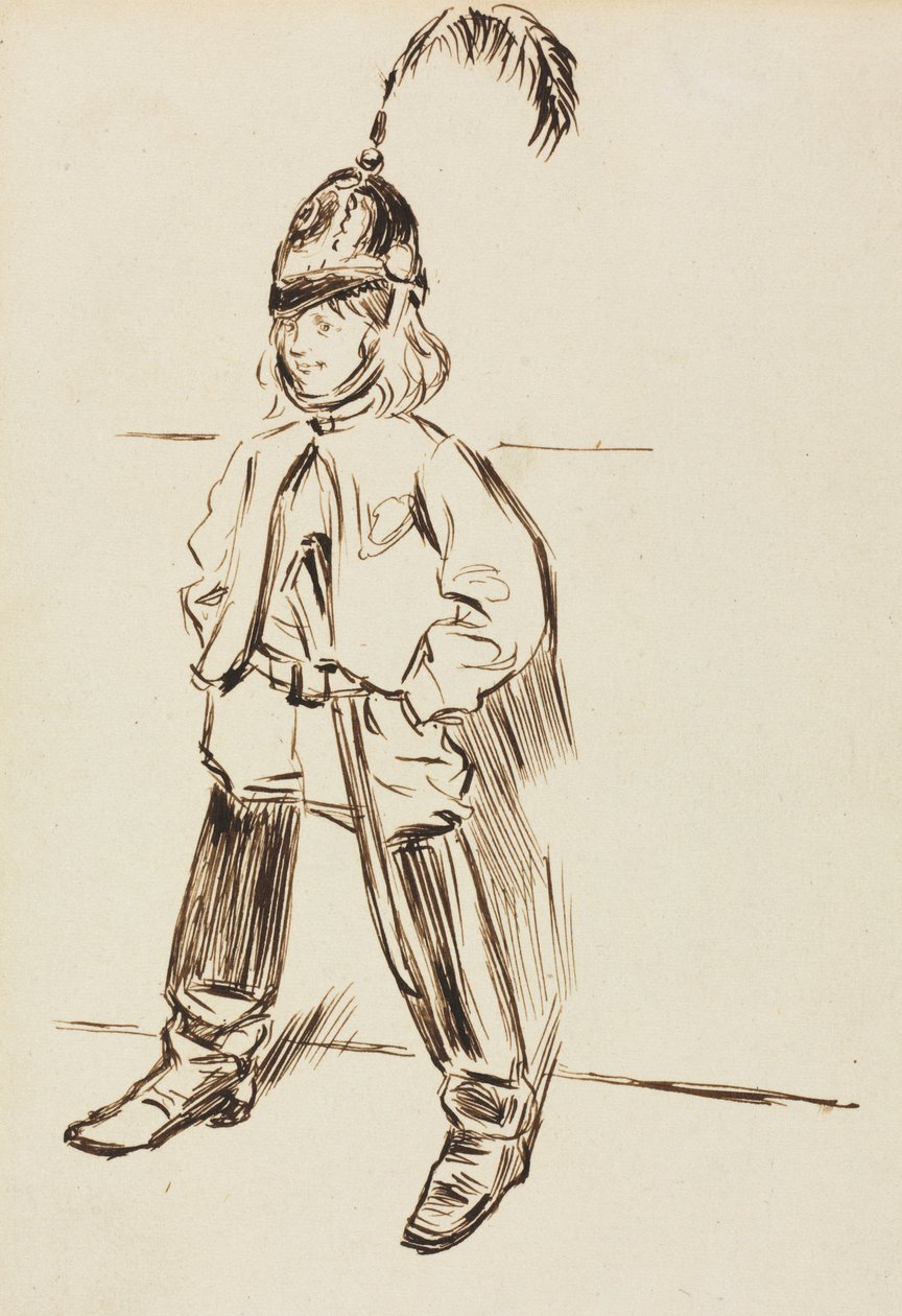 Studie van een kind in helm en laarzen door Charles Samuel Keene