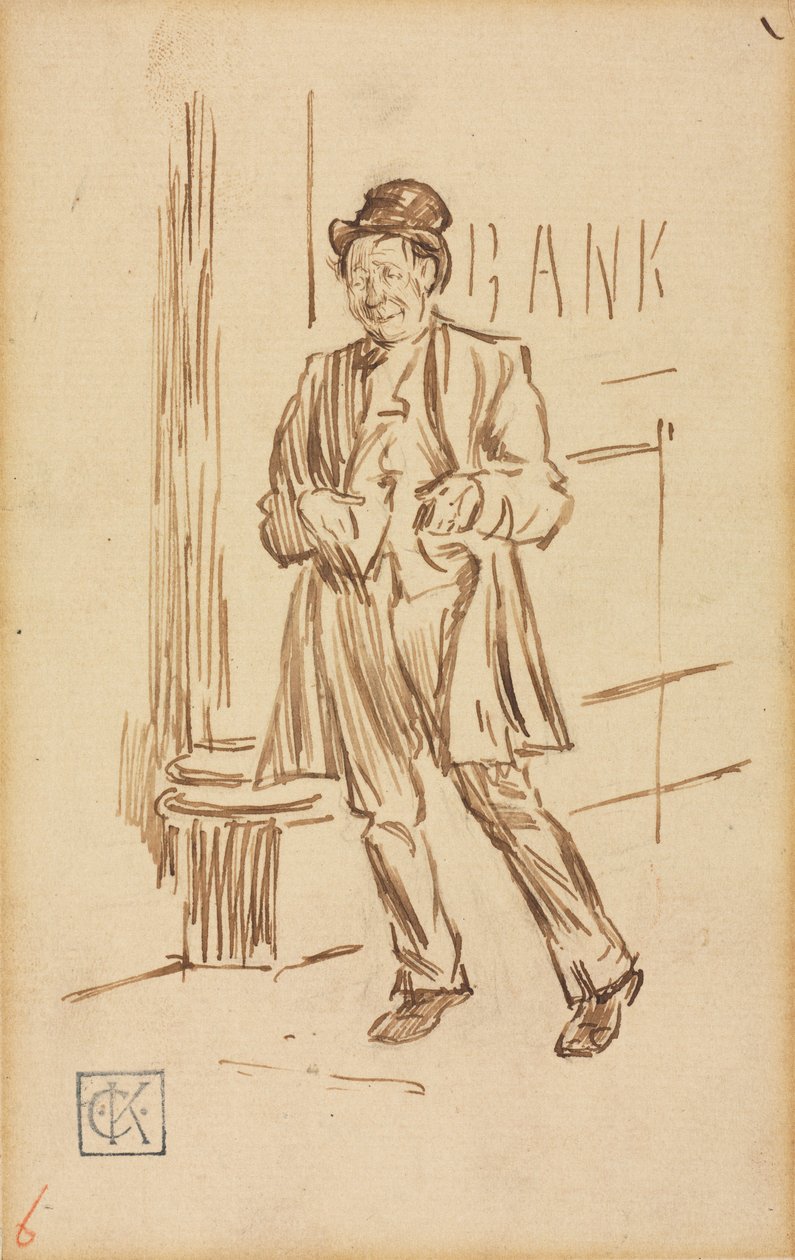 Studie van een dronken man die langs een bank loopt door Charles Samuel Keene