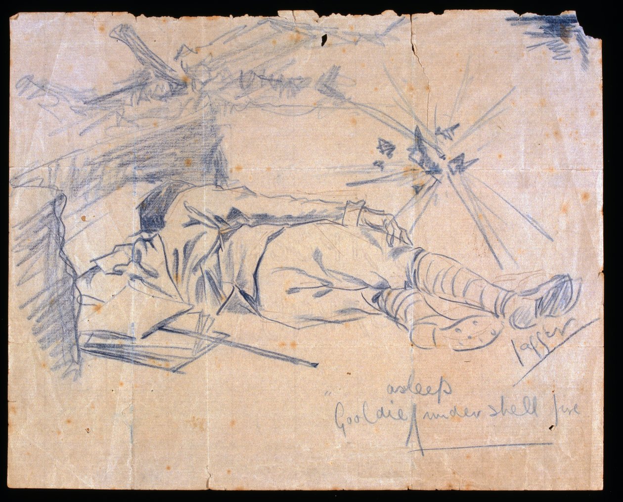 Luitenant Leslie Gooldie slapend onder granaatvuur, 1915 door Charles Sergeant Jagger
