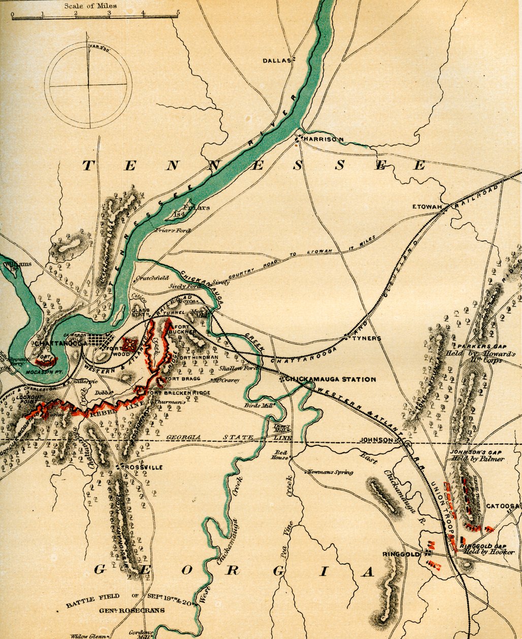 Kaart van Chattanooga en zijn Verdedigingen, Tennessee door Charles Sholl
