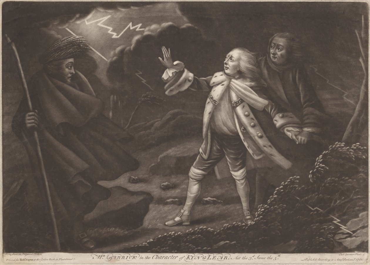 Mr. Garrick in de rol van Koning Lear - "Koning Lear", Act III, Scene V door Charles Spooner