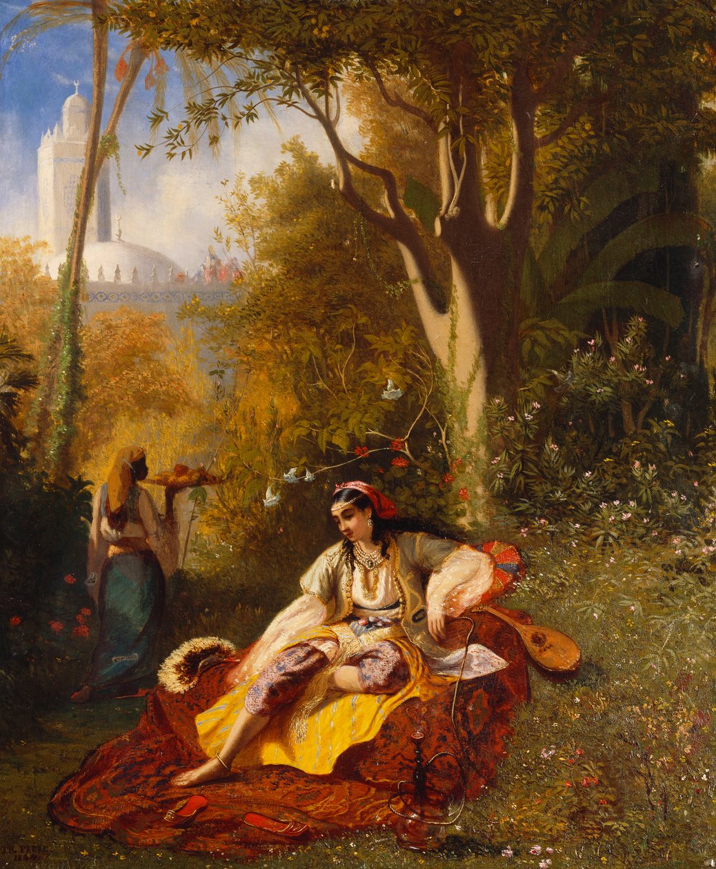 Een Algerijnse vrouw en haar dienaar in een tuin, 1844 door Charles Theodore Frere