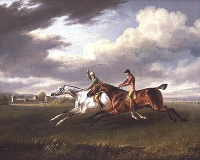 Twee Renpaarden met Jockeys, Oefenen in een Landschap door Charles Towne