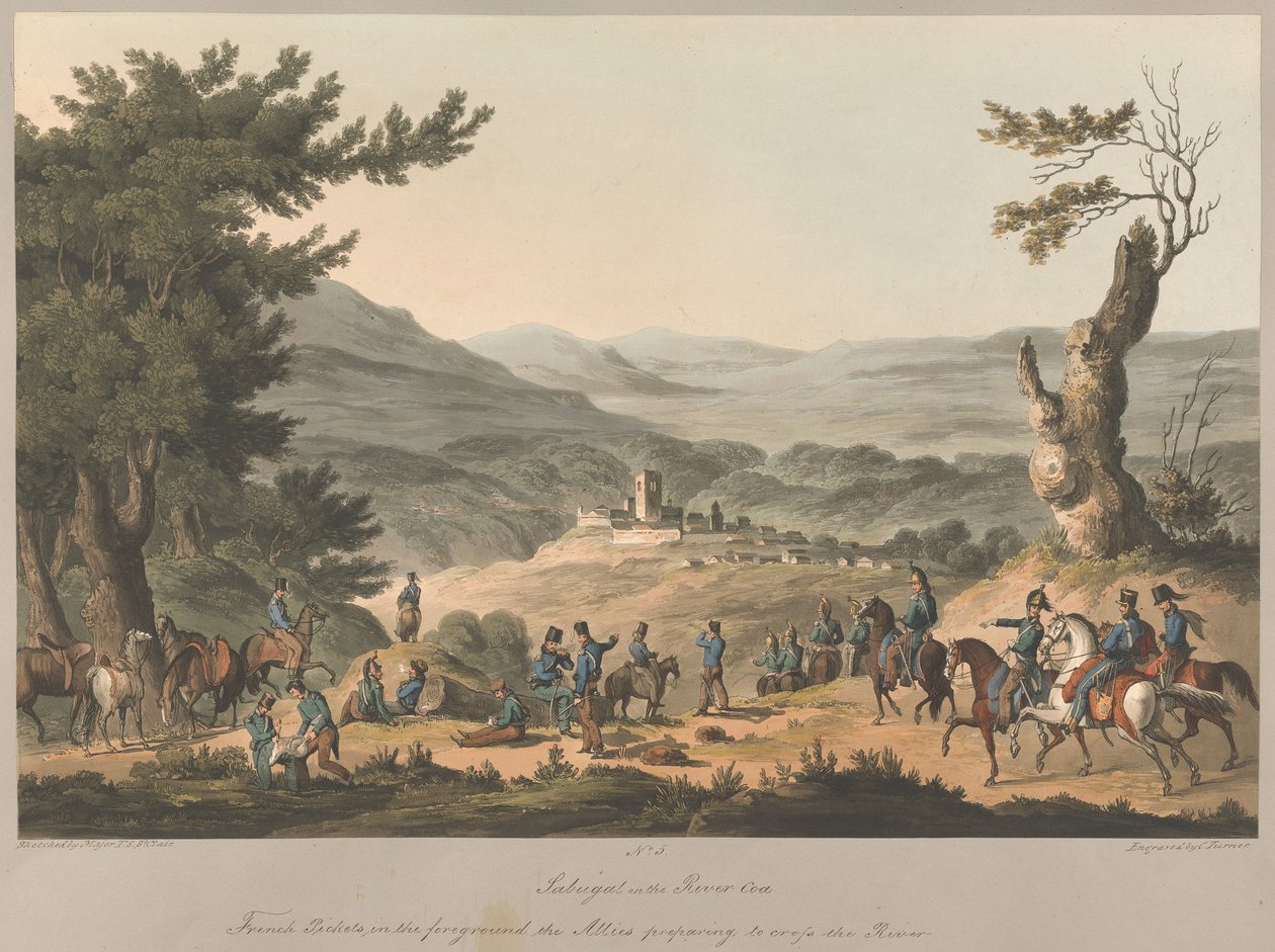 Nr. 5  Sabugal aan de rivier de Coa. Op de voorgrond Franse wachtposten; de geallieerden maken zich klaar om de rivier over te steken. door Charles Turner
