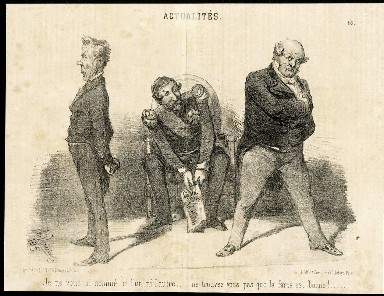 Illustratie door Charles Vernier (? -1887) in Le Charivari - President van de Republiek, Ministerie, Armstoel (symbool van macht) - Napoleon III, Barrot Odilon (1791-1873), Minister, Faucher Leon (1803-1854) door Charles Vernier