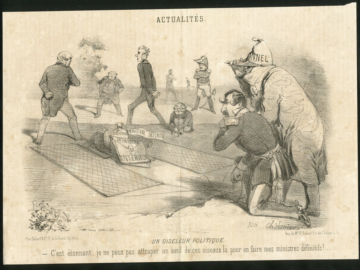 Illustratie van Charles Vernier in Le Charivari - Un oiseleur politique - President van de Republiek, Ministerie van Binnenlandse Zaken - Thiers Adolphe, Napoleon III, Faucher Leon - Portfolio door Charles Vernier