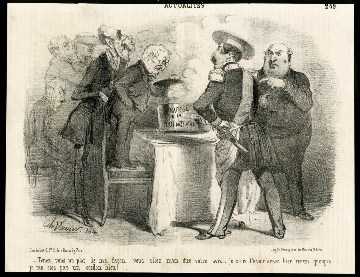 Illustratie door Charles Vernier (? -1887) in Le Charivari, circa 1851-11 - Herinnering aan de wet van 31 mei 1850 - Verkiezingen, President van de Republiek, Grootte, Wet, Stemrecht - Thiers Adolphe, Napoleon III, Dupin Andre-Marie genaamd Dupin aine (178 door Charles Vernier