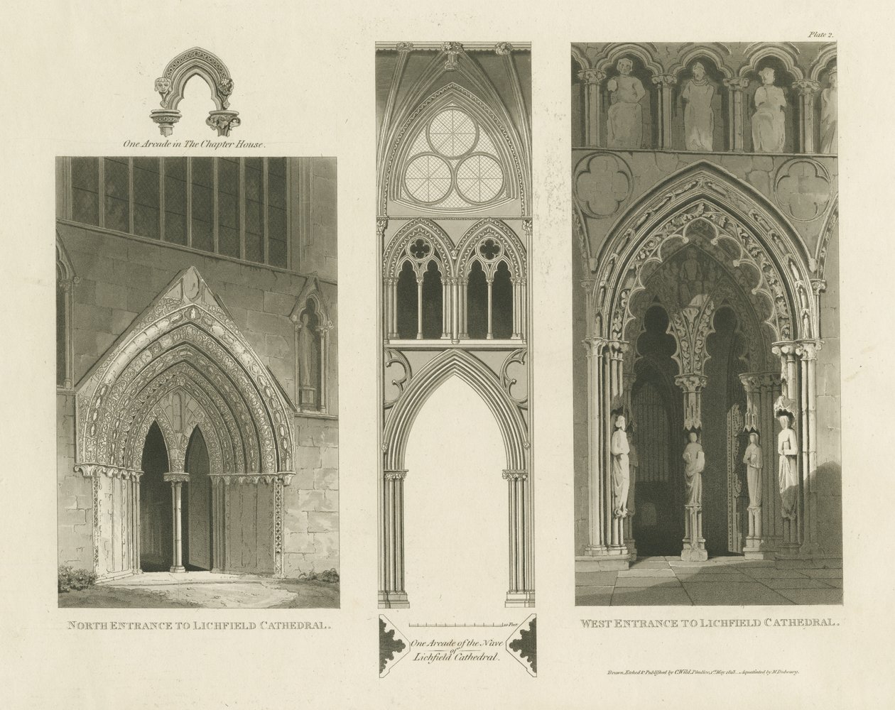 Lichfield Kathedraal - Westingang, Noordingang en Schip (aquatint gravure) door Charles Wild