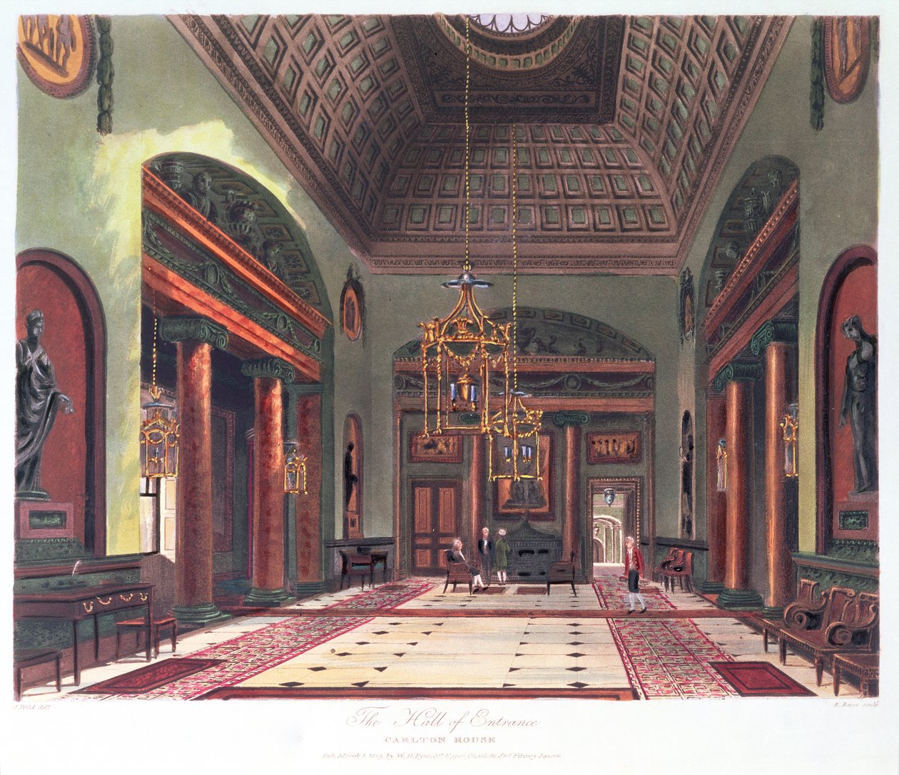De ingangshal, Carlton House, gegraveerd door R. Reeve, uitgegeven 1819 door Charles Wild