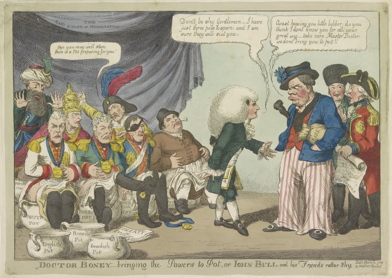 Dokter Napoleon zet de Europese vorsten op de pot, 1808 door Charles Williams