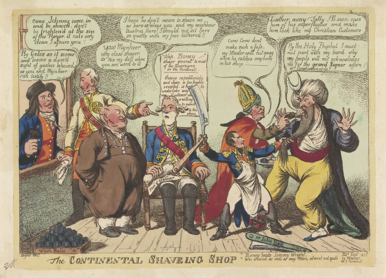 Napoleon als barbier voor Europese machten, 1806 door Charles Williams