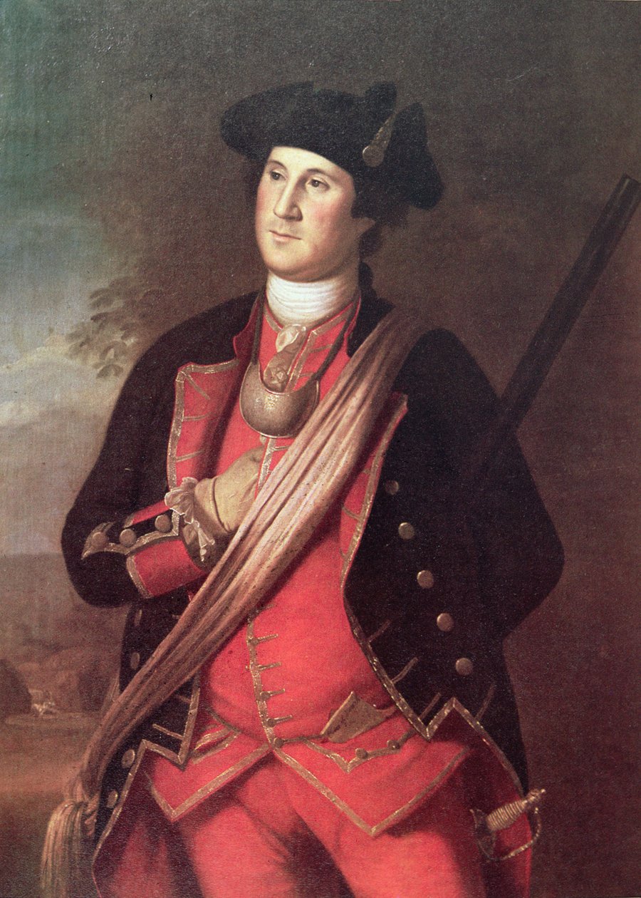 George Washington in het uniform van een kolonel van de Virginia Militie tijdens de Franse en Indiaanse Oorlog door Charles Willson (after) Peale
