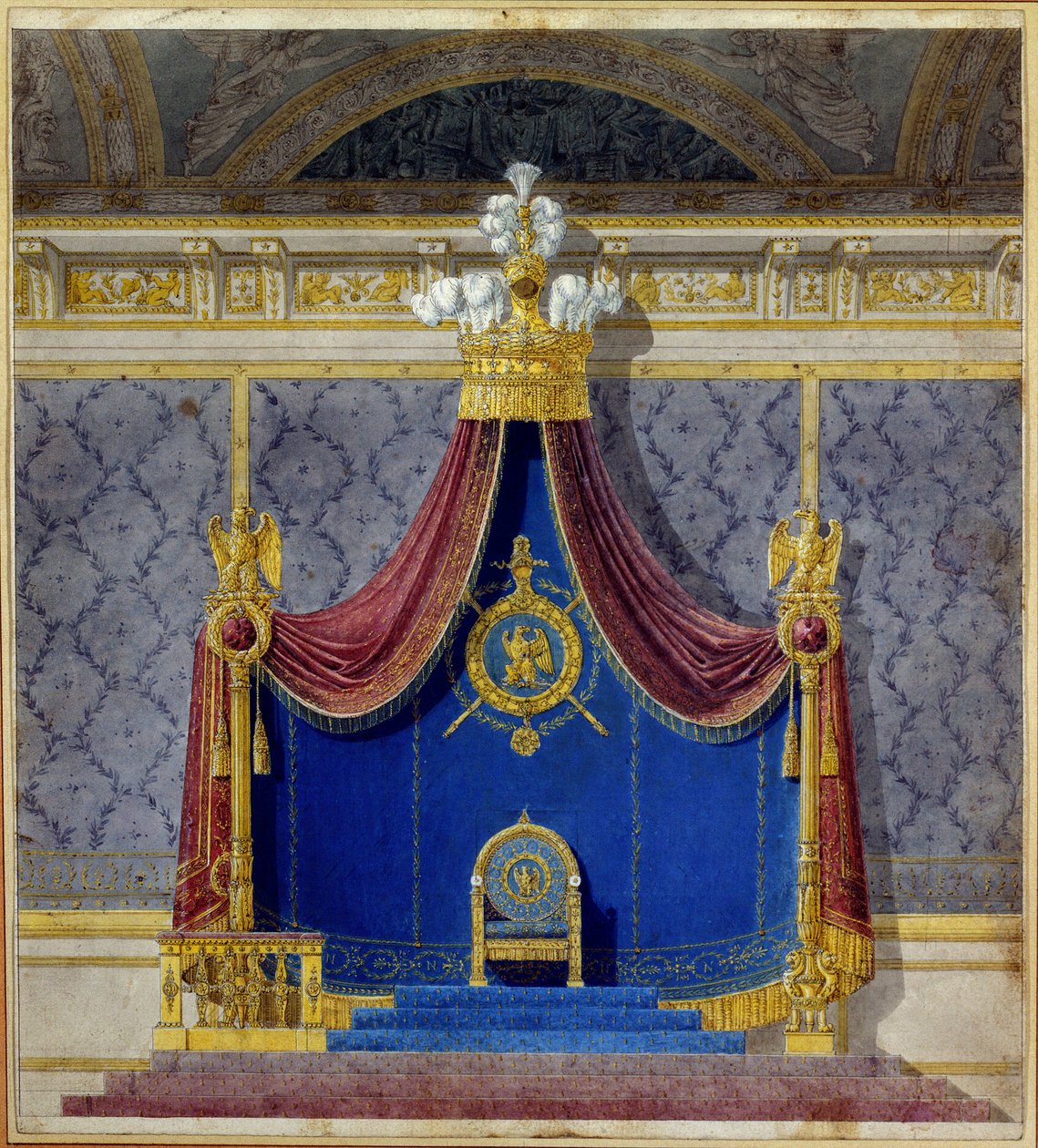 Kunst Frankrijk: De troon van Napoleon I in het Palais des Tuileries, gecreëerd door Charles Percier en Pierre Francois Leonard Fontaine. Privécollectie door Charles and Fontaine Pierre Percier