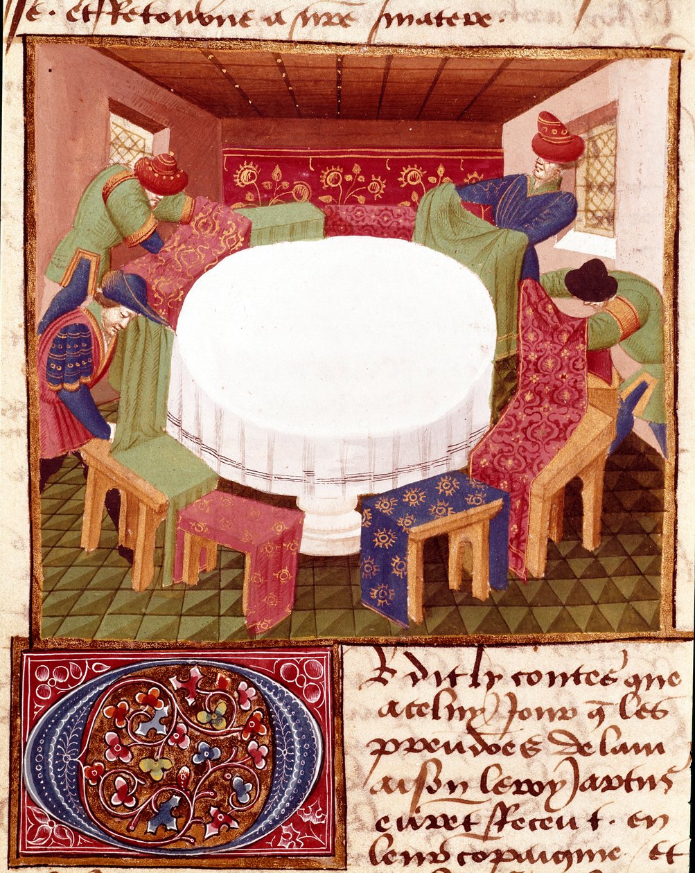 Voorbereidingen van de Ronde Tafel bij de Aankomst van de Miniatuur Ridders uit Romanesque du Chevalier Tristan door Meester Charles de Maine (Beroul versie). 1440-1460. Chantilly, Conde Museum door Charles du Maine Master