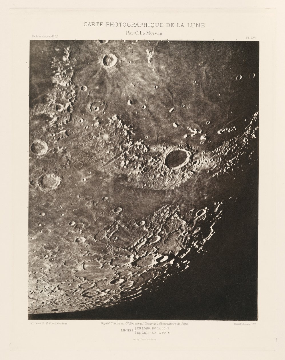Fotografische kaart van de maan, plaat XVIII, 17 april door Charles le Morvan