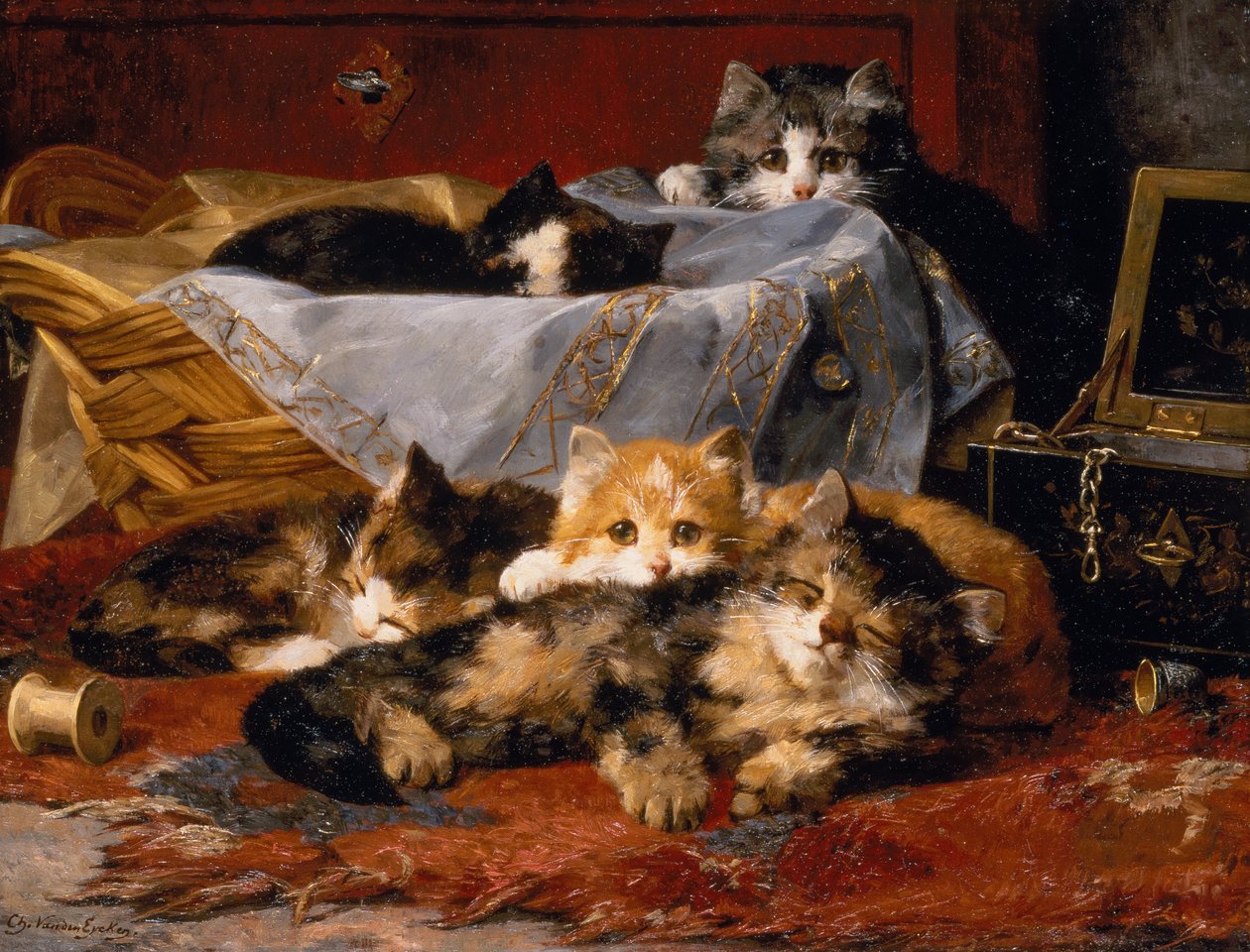 Kittens bij een Naaimand door Charles van den Eycken