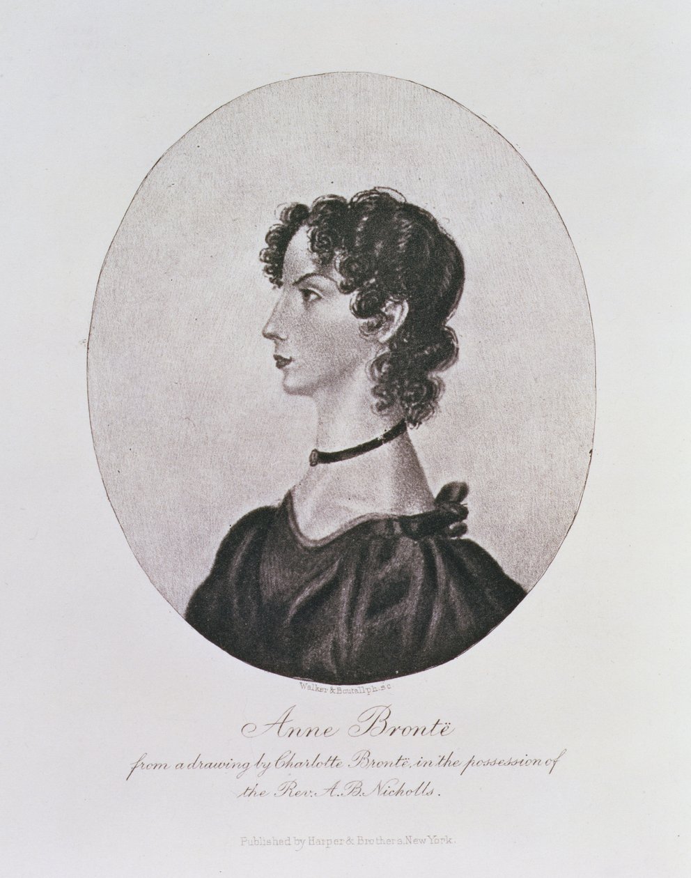 Portret van Anne Bronte (1820-49) uit een tekening in het bezit van de Rev. A. B. Nicholls, gegraveerd door Walker en Boutall door Charlotte Bronte