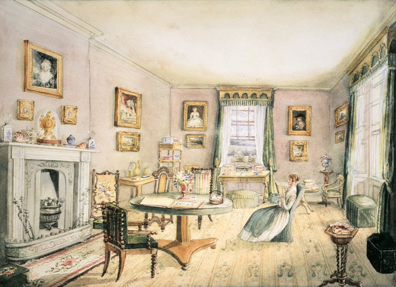 De salon, East Wood, Hay, f54 uit een album van interieurs, 1843 door Charlotte Bosanquet