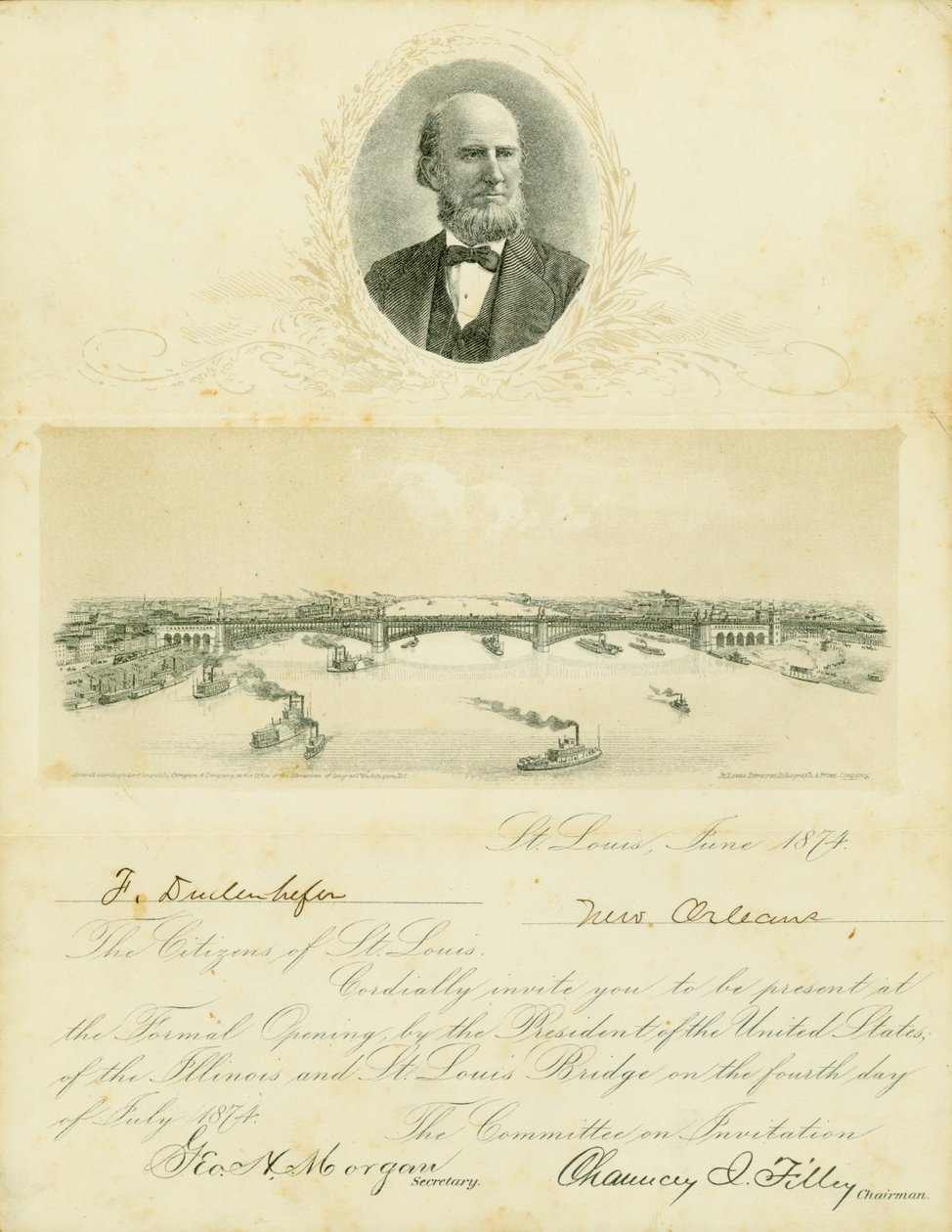 Uitnodiging voor de officiële opening van de Eads-brug op 4 juli 1874 door Chauncey I. Filley