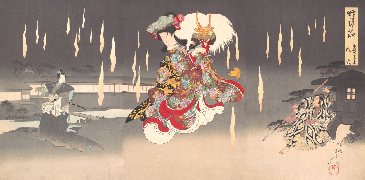 Scène van Foxfire Kitsunebi uit het Toneelstuk Honcho nijushiko, 1898 door Chikanobu Yoshu